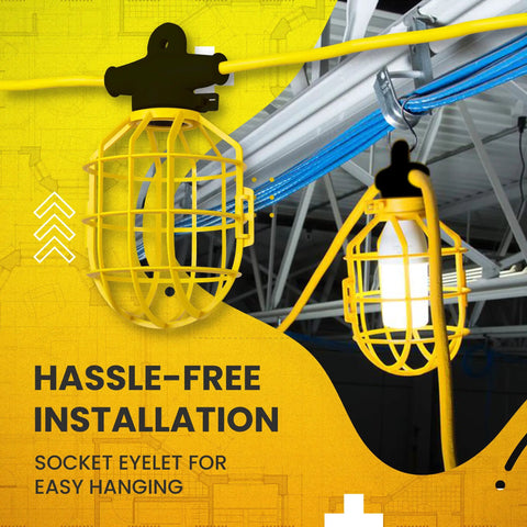 Heavy Duty 100 Foot Construction String Lights with Caged Work Light Sockets shown hanging, highlighting hassle-free installation.