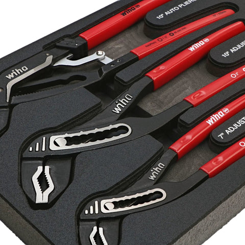 Three-Piece V-Jaw Pliers Tray Set With 7 Inch, 10 Inch, And Auto Grip 10 Inch V-Jaw Pliers displayed in foam tray