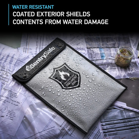 Fire And Water Resistant Portable Go Bag For Money And Documents with Zipper, water droplets on exterior for durability demonstration.