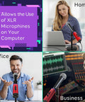 Three settings showing XLR To USB Microphone Adapter For Digital Recording Plug And Play Mic To PC Interface With 48V Phantom Power