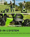 80V 21 Inch Brushless Cordless Lawn Mower demonstrating bagging, mulching, and side discharge features in a 3-in-1 system