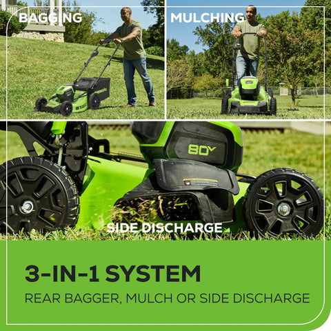 80V 21 Inch Brushless Cordless Lawn Mower demonstrating bagging, mulching, and side discharge features in a 3-in-1 system