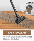 Stair Treads For Wooden Steps 8 By 30 Inch Peel And Stick Non Slip Indoor Runner Mats being vacuumed and shown as machine washable.
