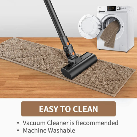 Stair Treads For Wooden Steps 8 By 30 Inch Peel And Stick Non Slip Indoor Runner Mats being vacuumed and shown as machine washable.