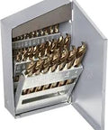 Pro Grade Cobalt Steel Short Length Drill Bit Set In Metal Case With Gold Oxide Finish And 135 Degree Split Point Inch Sizes One Sixteenth To One Half In One Sixty Fourth Inch Increments 29 Piece in open metal case.