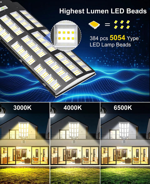Y-12000W Solar Street Lights Outdoor With 6500K Daylight LED, Dusk To Dawn Parking Lot Flood Lights, Beast Brightness For Basketball Courts, Driveways, And Farms, Wide Coverage For Commercial Use, black LED panel with 5054 chips