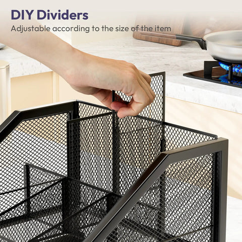 Close-up of a hand adjusting dividers on the Countertop Coffee Bar Organizer With Tiered Shelves Space Saving K Cup Holder And Pod Storage.