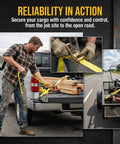 A man using Heavy Duty Ratchet Straps 2 Inch By 17 Foot Rated For Up To 10000 Pounds securing wood on a truck.