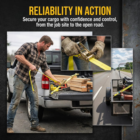 A man using Heavy Duty Ratchet Straps 2 Inch By 17 Foot Rated For Up To 10000 Pounds securing wood on a truck.