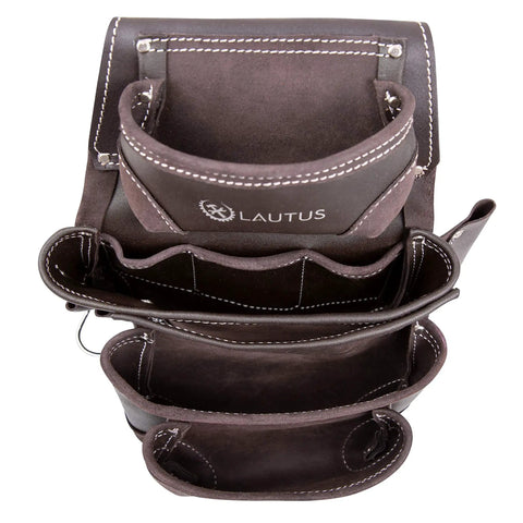 Top view of Oiled Tanned Rig Tool Belt Pouch Bag for carpenters and pros with multiple pockets and loops.
