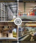 Collage showcasing uses of High Velocity 20 Inch Industrial Wall Fan With 4750 CFM in warehouses, garages, barns, and workshops.