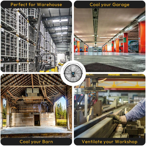 Collage showcasing uses of High Velocity 20 Inch Industrial Wall Fan With 4750 CFM in warehouses, garages, barns, and workshops.