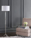 60 Inch Polished Nickel And Clear Glass Floor Lamp With White Linen Round Shade, Transitional Iron Standing Light For Your Living Room
