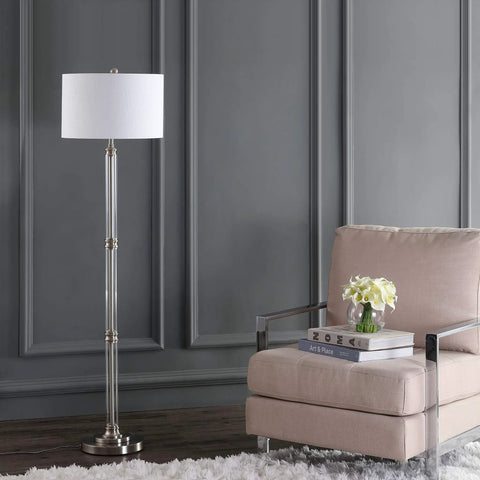 60 Inch Polished Nickel And Clear Glass Floor Lamp With White Linen Round Shade, Transitional Iron Standing Light For Your Living Room