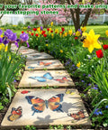Garden pathway with butterfly-themed square stepping stones in a flower garden using Three Size Square Stepping Stone Molds Set For Concrete DIY Friendly Reusable Plastic Cement Molds For Garden Pathway Walkway Pavement Forms Includes 8 Inch 10.2 Inch And 12.2 Inch Sizes.