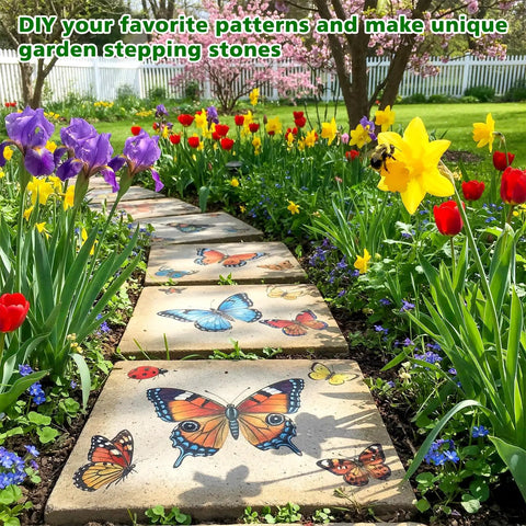 Garden pathway with butterfly-themed square stepping stones in a flower garden using Three Size Square Stepping Stone Molds Set For Concrete DIY Friendly Reusable Plastic Cement Molds For Garden Pathway Walkway Pavement Forms Includes 8 Inch 10.2 Inch And 12.2 Inch Sizes.