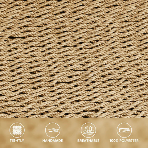 Caribbean Rope Hammock 10.5 Ft Double Outdoor Hammock With Spreader Bars Hand Woven Polyester Breathable Comfort 450 Lb Capacity Tan Patio Backyard Poolside Hangout close-up of polyester weave.