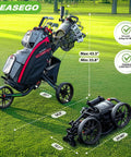 Three Wheel Golf Push Cart Quick Fold Large Platform Rolls Smooth As Butter Across Any Course Holds Drinks Phones Umbrellas Straight Up Knockout For Weekend Golfers Black on grass with height measurements shown.