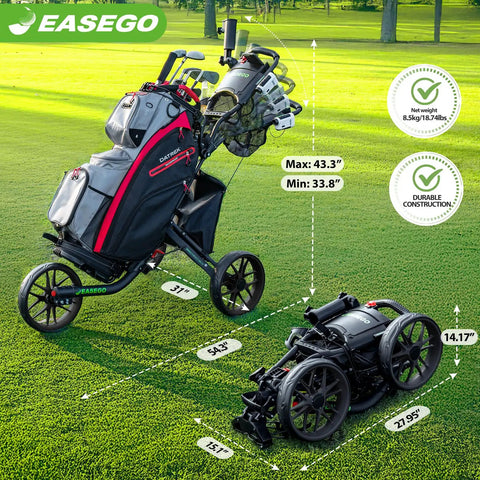 Three Wheel Golf Push Cart Quick Fold Large Platform Rolls Smooth As Butter Across Any Course Holds Drinks Phones Umbrellas Straight Up Knockout For Weekend Golfers Black on grass with height measurements shown.