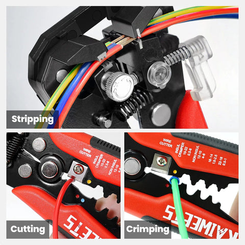 Self Adjusting Wire Stripper 3 In 1 Heavy Duty Automatic Wire Stripping Tool for 10-24 AWG cables showing stripping, cutting, crimping features