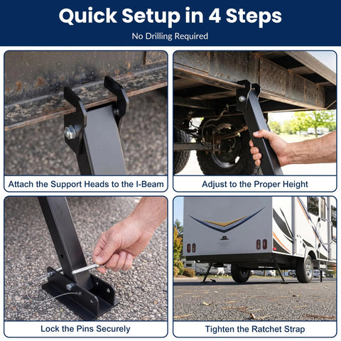 Quick setup steps for Bounce Killer RV I Beam Stabilizer Jack Cross Frame Ratchet Mount 17 To 35 Inch adjustable reach.