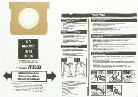 Top Notch Efficiency Dry Vacuum Dust Bags For 6 To 9 Gallon Wet Dry Vacuums package and instructions, VF3503 shown on label.