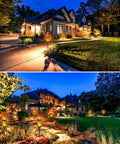 Low Voltage Torch Landscape Lights With Timer Transformer And Connectors, lighting pathways around elegant home at dusk