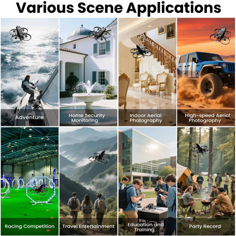 Various scene applications of a Beginner Friendly FPV Drone With Optical Flow Position Hold For Easy No Cap Hovering And Smooth Landings