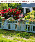 Pretty Cool Set Of Two Deck Railing Planters With No Sweat Hanging System Perfect For Balcony Window Boxes Great Way To Grow Herbs Fresh Greens Or Lovely Flowers In Cramped Spaces Straight Up Effortless with colorful flowers on a blue fence.