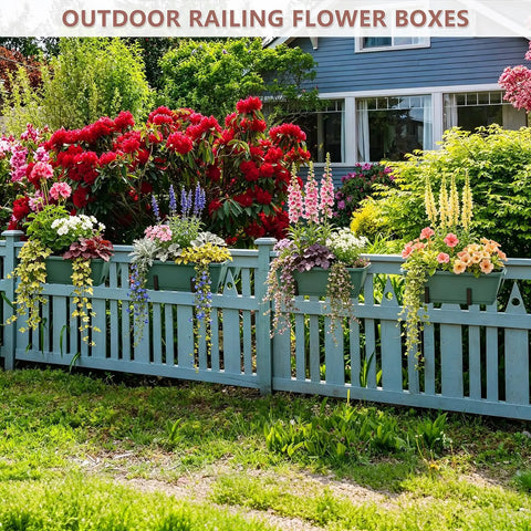 Pretty Cool Set Of Two Deck Railing Planters With No Sweat Hanging System Perfect For Balcony Window Boxes Great Way To Grow Herbs Fresh Greens Or Lovely Flowers In Cramped Spaces Straight Up Effortless with colorful flowers on a blue fence.