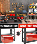 Garage with Beefy Heavy-Duty Metal Shelving Unit, tools, and car, adjustable 5-tier storage rack, 72 inch tall, 3000 lbs capacity