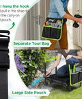 10.8 Inch Wide Garden Kneeler And Seat With Heavy Duty Foldable Stool Tool Belt Pouch Thickened Kneeling Pad Portable Garden Bench Chair For Seniors And Parents Grippy Handles For Easy Flipping And Getting Up, showing the separate tool bag and large side pouch.