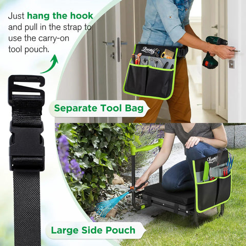 10.8 Inch Wide Garden Kneeler And Seat With Heavy Duty Foldable Stool Tool Belt Pouch Thickened Kneeling Pad Portable Garden Bench Chair For Seniors And Parents Grippy Handles For Easy Flipping And Getting Up, showing the separate tool bag and large side pouch.