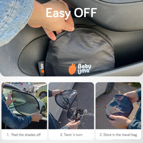 2 Pack Car Window Sun Shades For Kids, UPF 50+ UV Block, stored in travel bag, showing ease of folding and storing.