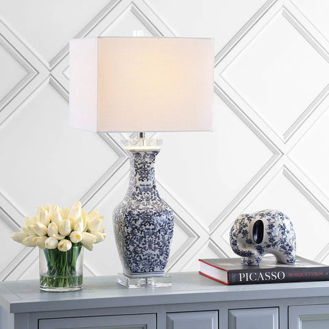 Blue And White Ceramic LED Table Lamp With Chinoiserie Hand Painted Pattern, Crystal Base And White Square Linen Shade
