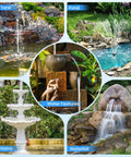 Collage of fish tank, pond, water features, fountains, and waterfall displaying solar pond filter kit with 12W panel and 160GPH pump.