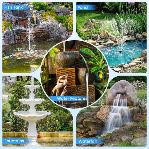 Collage of fish tank, pond, water features, fountains, and waterfall displaying solar pond filter kit with 12W panel and 160GPH pump.