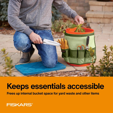 5 Gal Garden Tool Bucket Caddy With Nine Deep Pockets And Pencil Slots Durable Canvas Organizer in use outdoors, holding tools.