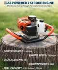 Gas Powered Post Hole Digger With 43cc 2-Stroke Engine on tree stump, showcasing engine specs and design for farm and garden use.