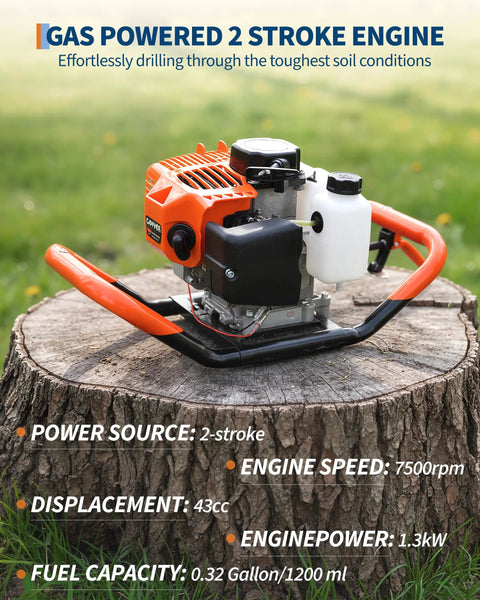Gas Powered Post Hole Digger With 43cc 2-Stroke Engine on tree stump, showcasing engine specs and design for farm and garden use.