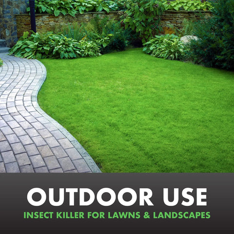 Lush green lawn and landscaped path highlighting Triazicide Insect Killer For Lawns And Landscapes Concentrate 32 Ounces QuickFlip Hose End Sprayer 3 Pack Kills 260 Insects By Contact Above And Below Ground Non Staining Outdoor Pest Control