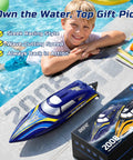 Boy next to 14 Inch Fast RC Boat For Kids And Adults 20 Plus MPH Remote Speed Boat With Dual 1200mAh Batteries on poolside