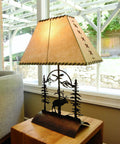 Rustic Elk Table Lamp With Faux Rawhide Shade, Inline Dimmer, 26 Inch Cabin Lighting For Living Room Or Den, Cozy Amber Glow