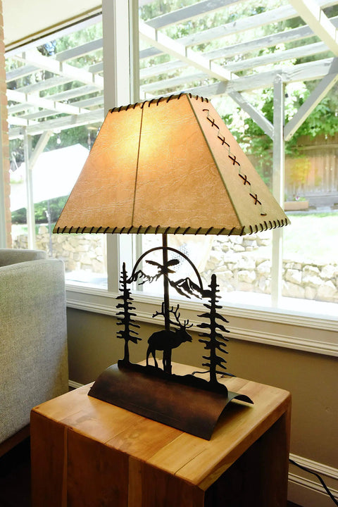 Rustic Elk Table Lamp With Faux Rawhide Shade, Inline Dimmer, 26 Inch Cabin Lighting For Living Room Or Den, Cozy Amber Glow