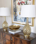 Set of 2 Fletcher Glass Genie Table Lamps in Ombra Gold Mercury Glass With White Lamp Shades, Honeycomb Faceted Glass and Metal Base, 8W LED Bulbs Included, Classic Elegant Living Room Lighting For Dope Vibe on wooden dresser
