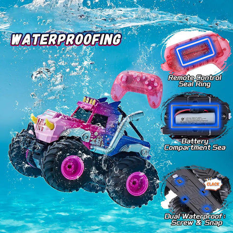Pink Monster Off Road RC Car For Kids Ages 3 To 12 With 360 Spin Waterproof Amphibious 1 To 18 Scale 4WD All Terrain Toy Truck underwater
