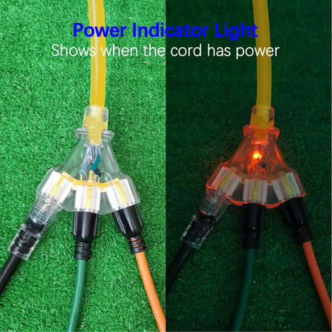 150 Ft 12/3 SJTW Yellow Outdoor Extension Cord With Power Indicator Light showing connection with 2 Ft adapter