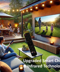 Universal Remote For All 4K UHD Android Smart TVs That Use LED ULED Tech Easy Plug And Play Out Of The Box Setup No Programming Needed Compatible With Most 4K LED HDTVs Not For Fire TV Or Roku shown on outdoor patio with TV