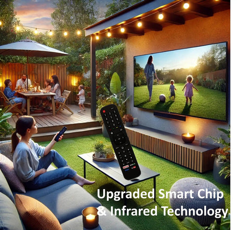 Universal Remote For All 4K UHD Android Smart TVs That Use LED ULED Tech Easy Plug And Play Out Of The Box Setup No Programming Needed Compatible With Most 4K LED HDTVs Not For Fire TV Or Roku shown on outdoor patio with TV