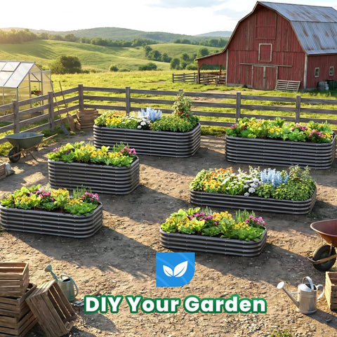 Farmyard with multiple oval galvanized raised garden bed kits with strengthened crossbars, planted with vegetables and flowers.